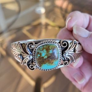 Navajo turquoise, silver, gold cuff bracelet